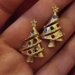 Goldtone Rhinestone Accent Christmas Tree Earrings